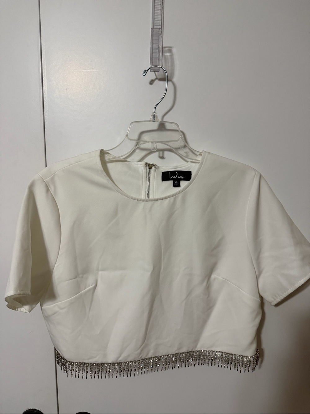 Lulu's White Crop Top with Rhinestone Fringe XL